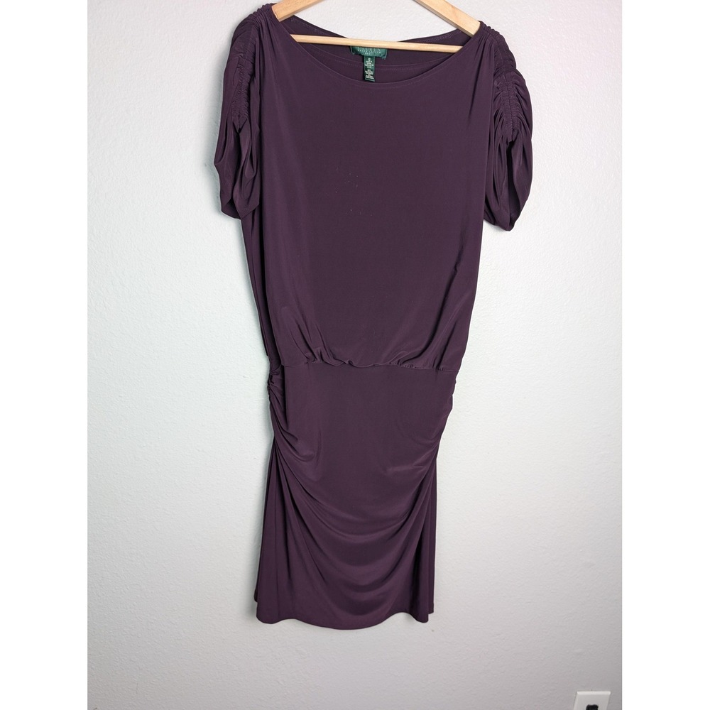 Lauren Ralph Lauren Dress Womens 12 Purple Knee Length Blouson Sheath Ruched
